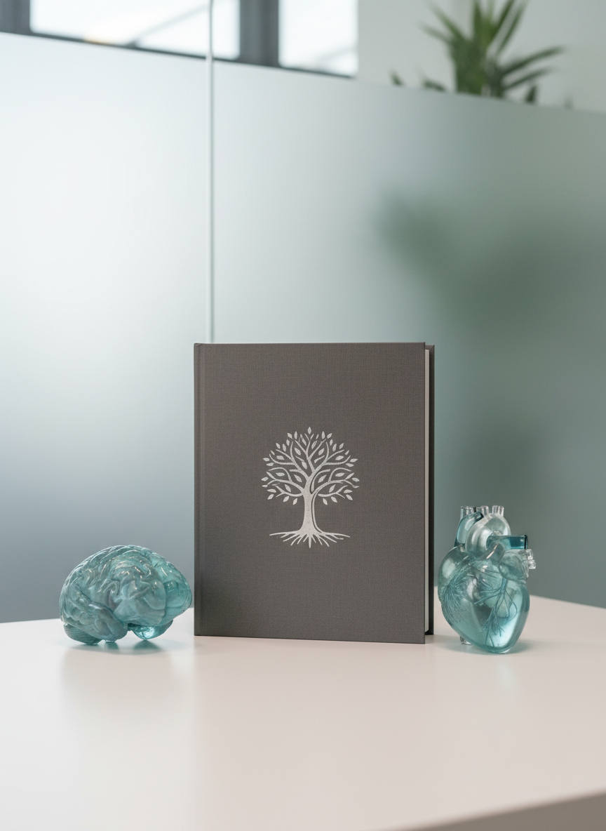 A sophisticated, minimalist display of a customizable curriculum book with a matte, textured cover in muted grey, flanked by shiny transparent resin anatomical models of the brain and heart on a tidy white desk. In the background, a frosted glass partition offers subtle privacy, with hints of indoor greenery beyond. The space is lit by diffused, soft studio lighting, producing subtle highlights along the edges while maintaining a smooth, even tone. The atmosphere is reassuring and professional, suggesting innovation and thoughtful structure. Shot from a slightly elevated angle using asymmetrical balance, this image showcases a clean, structured aesthetic suitable for a modern generational development center.