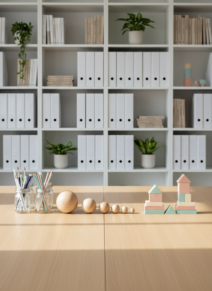 A neatly arranged collection of contemporary learning materials—smooth wooden sensory balls, pastel-colored logic blocks, and sleek glass jars with art supplies—set on a flawless light oak table. The background shows cleanly designed white shelves with tidy educational resources in neutral tones. Soft, indirect daylight from large unseen windows bathes the scene, adding dimensionality and creating gentle, natural shadows. The mood is calm and professional, with an air of purposeful organization. Photographed with a centered, eye-level perspective and sharp focus throughout, this scene emphasizes balance and order. The photographic realism and clean, corporate style reflect a modern educational environment promoting mental and sensory development.