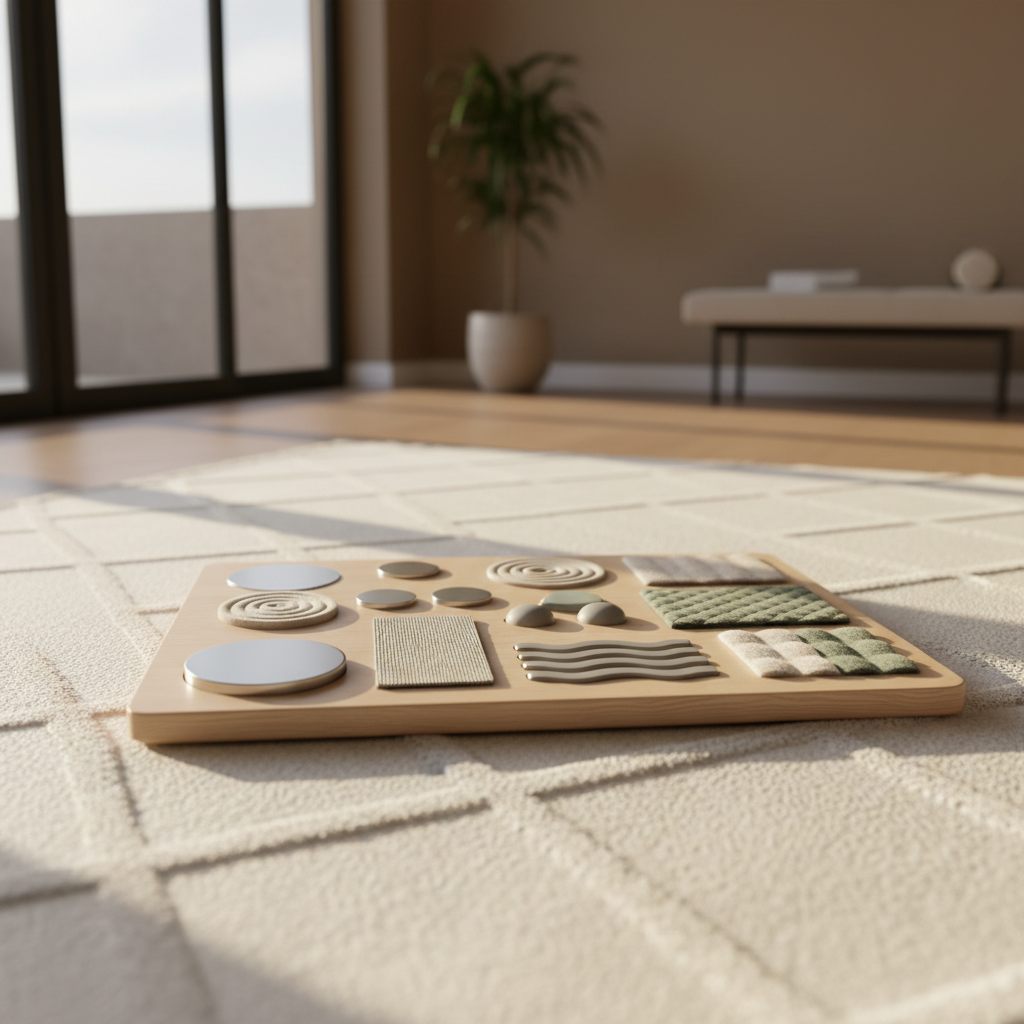An elegantly designed, multi-sensory activity board crafted from pale, sanded beechwood, featuring embedded tactile elements in brushed metal, cool silicone, and soft felt. The board sits atop a pristine white, geometric-patterned rug in a sunlit, spacious room with muted neutral walls and minimalist decor. Golden hour sunlight pours gently through a large window, creating long, soft-edged shadows and warm highlights on textures. The mood is serene and inviting, evoking a sense of safe exploration and mindful engagement. Captured from a low, close-up angle with shallow depth of field, this photographic image emphasizes clean lines and intentional composition, ideal for conveying conscious, sensory-focused experiences.