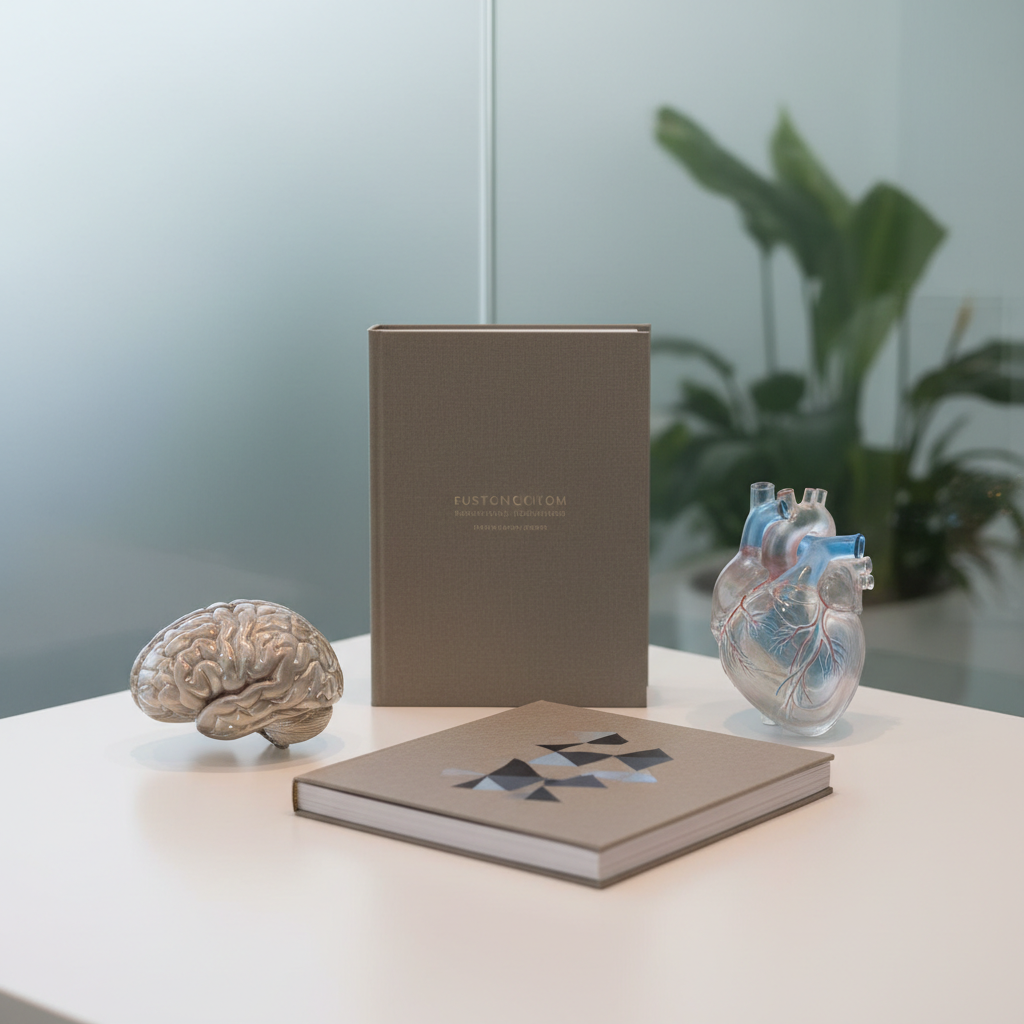 A sophisticated, minimalist display of a customizable curriculum book with a matte, textured cover in muted grey, flanked by shiny transparent resin anatomical models of the brain and heart on a tidy white desk. In the background, a frosted glass partition offers subtle privacy, with hints of indoor greenery beyond. The space is lit by diffused, soft studio lighting, producing subtle highlights along the edges while maintaining a smooth, even tone. The atmosphere is reassuring and professional, suggesting innovation and thoughtful structure. Shot from a slightly elevated angle using asymmetrical balance, this image showcases a clean, structured aesthetic suitable for a modern generational development center.