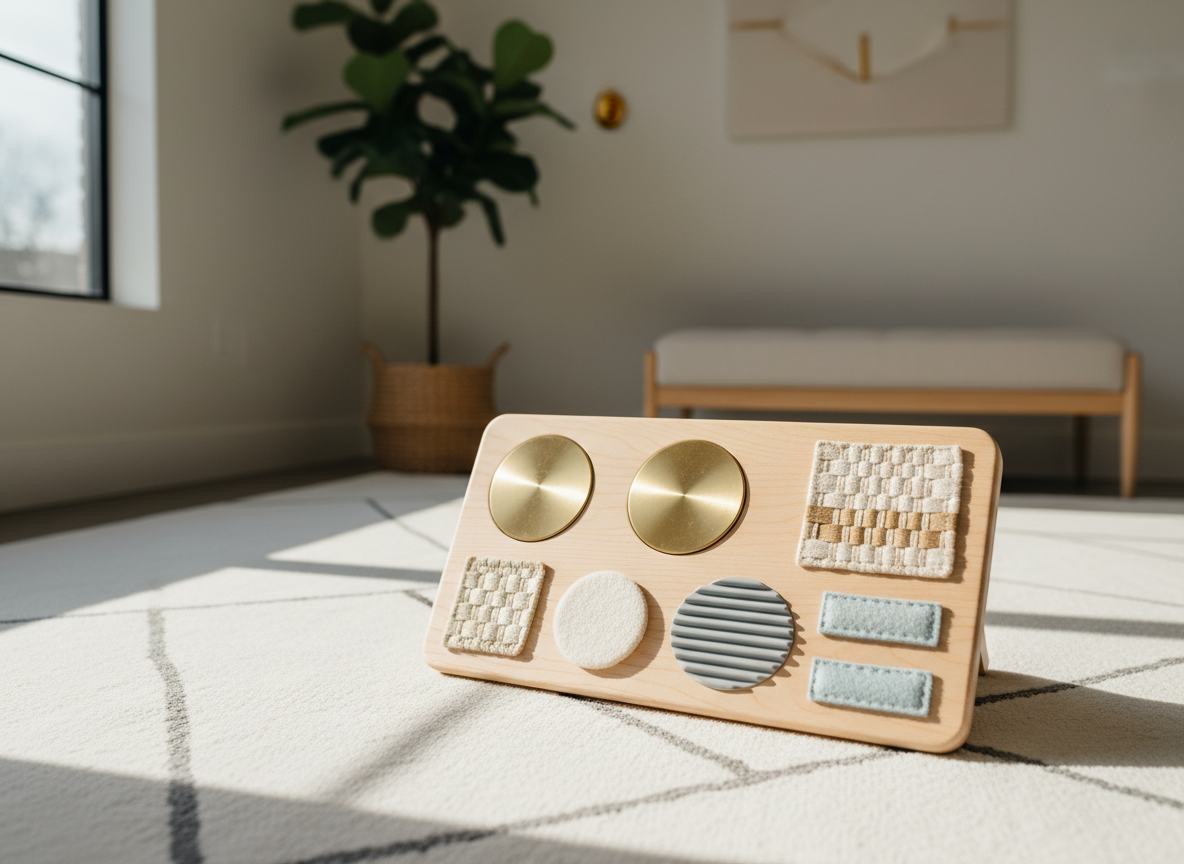 An elegantly designed, multi-sensory activity board crafted from pale, sanded beechwood, featuring embedded tactile elements in brushed metal, cool silicone, and soft felt. The board sits atop a pristine white, geometric-patterned rug in a sunlit, spacious room with muted neutral walls and minimalist decor. Golden hour sunlight pours gently through a large window, creating long, soft-edged shadows and warm highlights on textures. The mood is serene and inviting, evoking a sense of safe exploration and mindful engagement. Captured from a low, close-up angle with shallow depth of field, this photographic image emphasizes clean lines and intentional composition, ideal for conveying conscious, sensory-focused experiences.