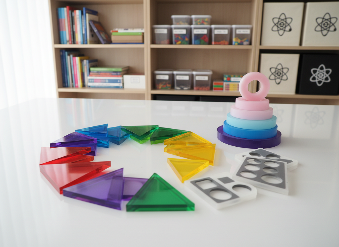 A striking, modular set of translucent acrylic educational tools—color blocks, pattern tiles, and stacking rings—artfully arranged on a glossy white tabletop with subtle reflections. In the background, a minimalist shelving system holds neatly stacked teaching aids and monochrome storage boxes. The environment is illuminated by natural, midday skylight that cascades through unseen windows, producing balanced, diffuse highlights and no harsh shadows. The composition is rule-of-thirds, with clear spatial organization, clean lines, and an uncluttered visual flow. This photographic realism image radiates inclusivity and innovation, directly supporting the ethos of contemporary, science-based educational experiences.