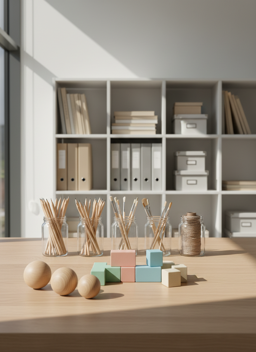 A neatly arranged collection of contemporary learning materials—smooth wooden sensory balls, pastel-colored logic blocks, and sleek glass jars with art supplies—set on a flawless light oak table. The background shows cleanly designed white shelves with tidy educational resources in neutral tones. Soft, indirect daylight from large unseen windows bathes the scene, adding dimensionality and creating gentle, natural shadows. The mood is calm and professional, with an air of purposeful organization. Photographed with a centered, eye-level perspective and sharp focus throughout, this scene emphasizes balance and order. The photographic realism and clean, corporate style reflect a modern educational environment promoting mental and sensory development.
