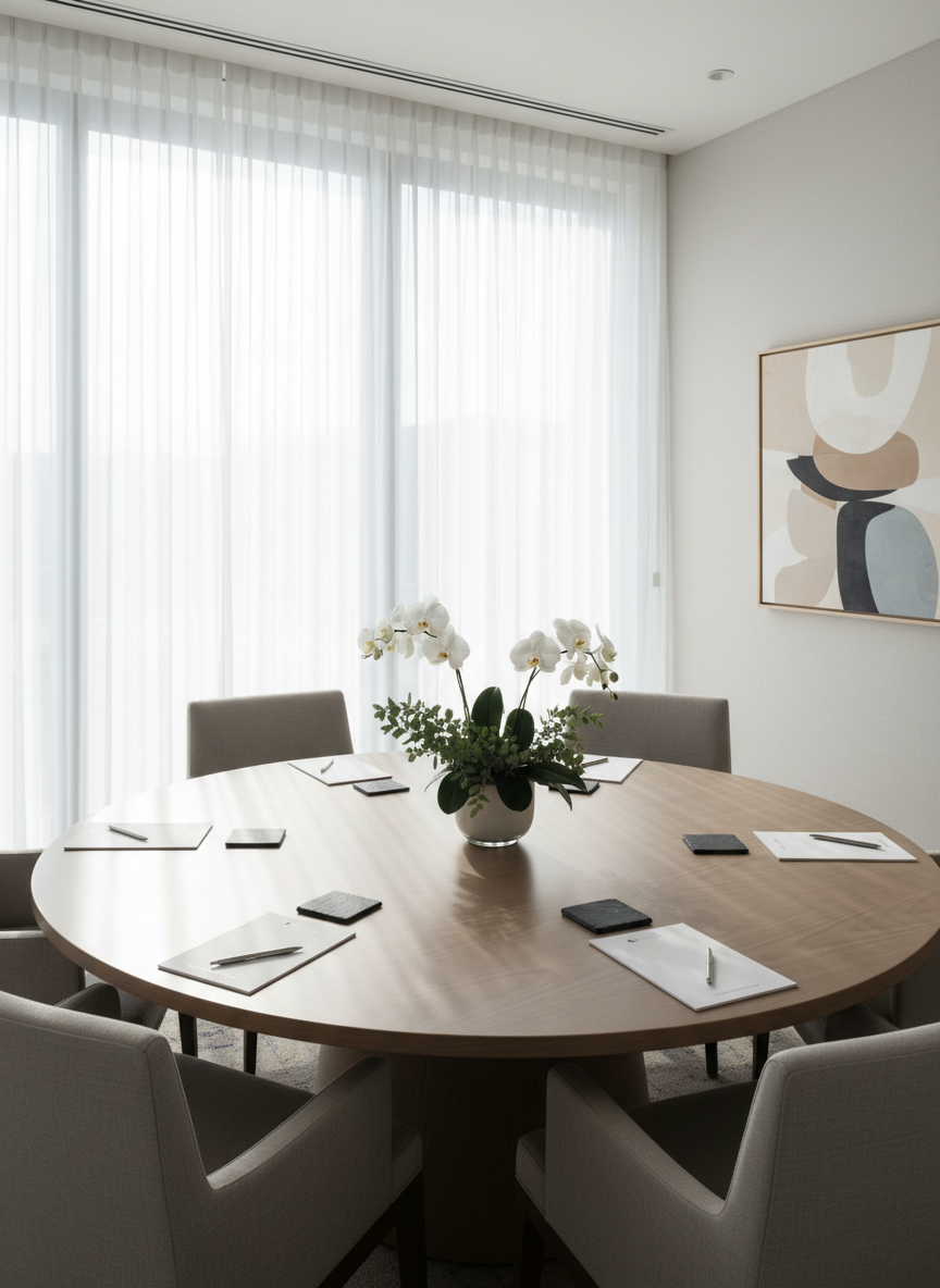 A refined, corporate-style meeting area featuring a large round table of matte ash wood, set with polished slate coasters, elegant stationery, and a minimalist floral centerpiece in a frosted glass vase. The room boasts floor-to-ceiling, sheer white curtains, allowing soft, filtered daylight to set a tranquil, professional tone. Neutral-toned upholstered chairs with clean seams surround the table, and an abstract piece of wall art adds a touch of creative personality in the background. Photographed from a wide, eye-level perspective with sharp, balanced focus, the overall mood is collaborative and aspirational, showcasing a clean, welcoming environment for community and family engagement.